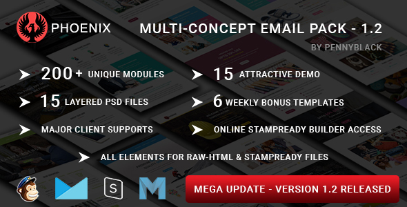 PHOENIX - Multi-Concept Responsive Email Pack with Online StampReady & Mailchimp Builders