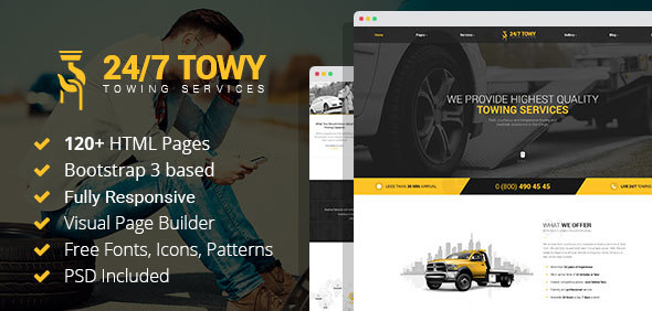 Towy - Emergency Auto Towing and Roadside Assistance Service HTML Template with Builder