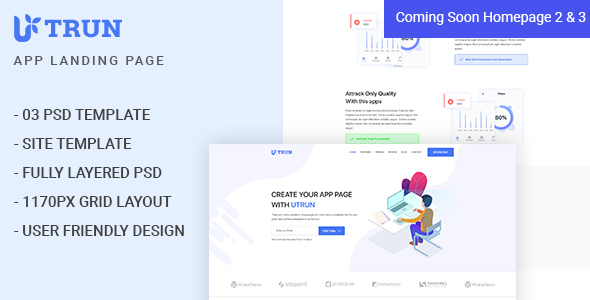 App Landing page PSD Template, UTRUN - Software