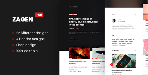 ZAGEN Blog and shop design PSD templates