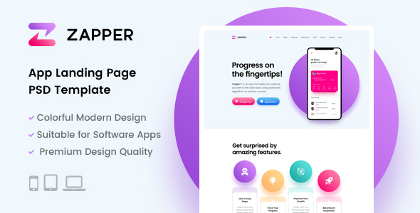 Zapper – App Landing Page PSD Template