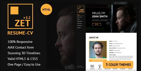 ZET - One Page Resume/Personal Portfolio HTML Template