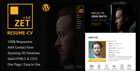 ZET - One Page Resume/Personal Portfolio WordPress Theme